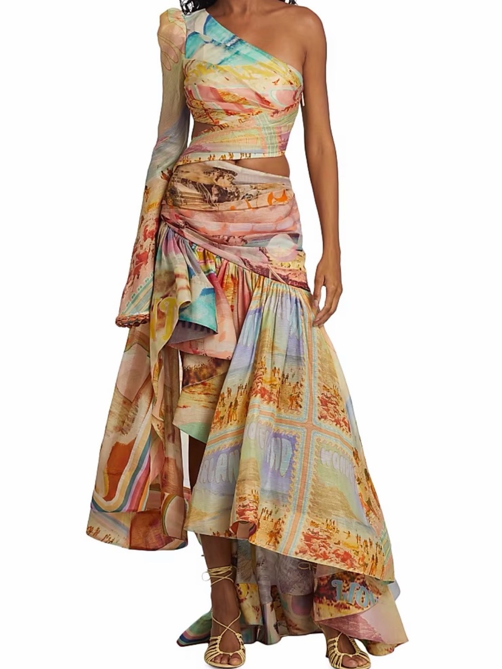 Zimmermann Pastel Multi-Print One-Shoulder Asymmetrical Skirt Set